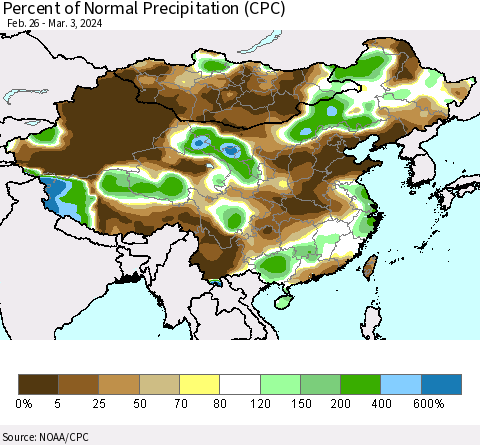 China, Mongolia and Taiwan Percent of Normal Precipitation (CPC) Thematic Map For 2/26/2024 - 3/3/2024