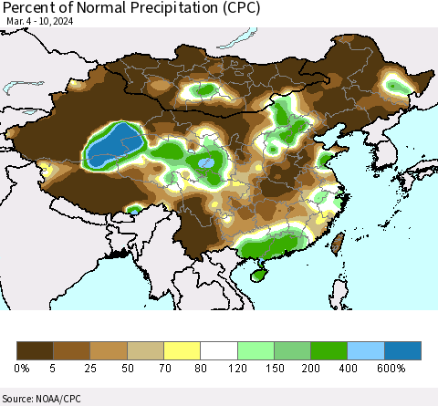 China, Mongolia and Taiwan Percent of Normal Precipitation (CPC) Thematic Map For 3/4/2024 - 3/10/2024