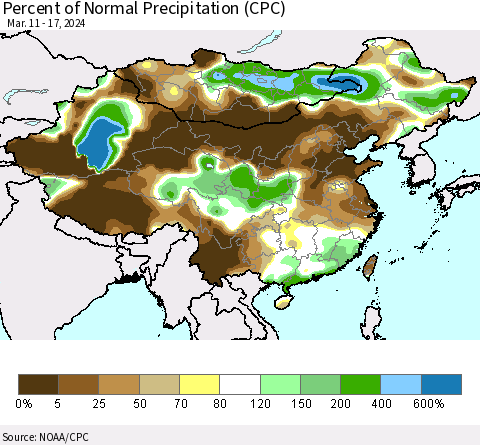China, Mongolia and Taiwan Percent of Normal Precipitation (CPC) Thematic Map For 3/11/2024 - 3/17/2024