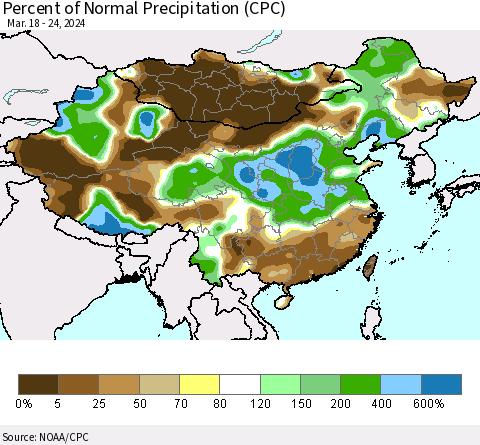 China, Mongolia and Taiwan Percent of Normal Precipitation (CPC) Thematic Map For 3/18/2024 - 3/24/2024