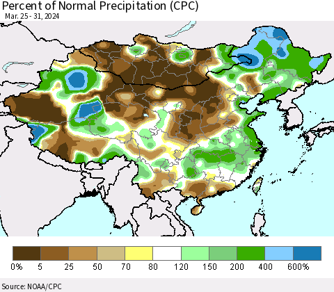 China, Mongolia and Taiwan Percent of Normal Precipitation (CPC) Thematic Map For 3/25/2024 - 3/31/2024