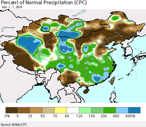 China, Mongolia and Taiwan Percent of Normal Precipitation (CPC) Thematic Map For 4/1/2024 - 4/7/2024