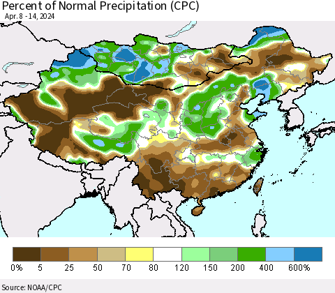 China, Mongolia and Taiwan Percent of Normal Precipitation (CPC) Thematic Map For 4/8/2024 - 4/14/2024