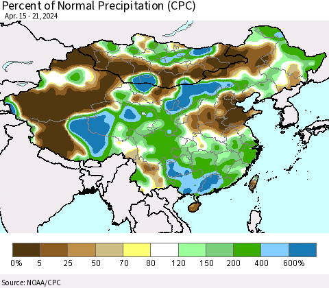China, Mongolia and Taiwan Percent of Normal Precipitation (CPC) Thematic Map For 4/15/2024 - 4/21/2024