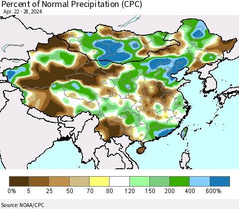 China, Mongolia and Taiwan Percent of Normal Precipitation (CPC) Thematic Map For 4/22/2024 - 4/28/2024