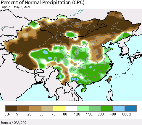 China, Mongolia and Taiwan Percent of Normal Precipitation (CPC) Thematic Map For 4/29/2024 - 5/5/2024