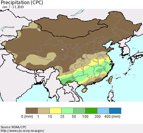 China, Mongolia and Taiwan Precipitation (CPC) Thematic Map For 1/7/2019 - 1/13/2019