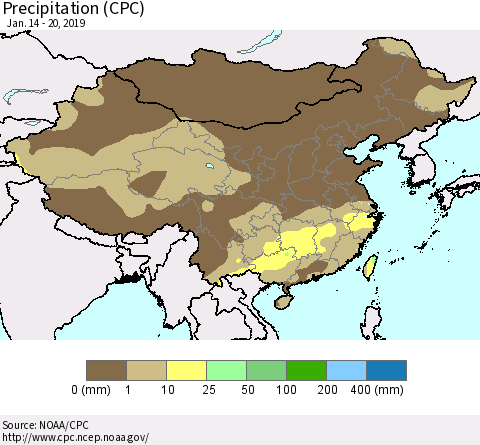 China, Mongolia and Taiwan Precipitation (CPC) Thematic Map For 1/14/2019 - 1/20/2019