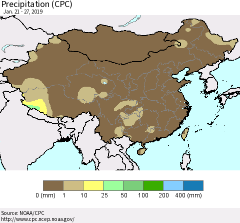 China, Mongolia and Taiwan Precipitation (CPC) Thematic Map For 1/21/2019 - 1/27/2019