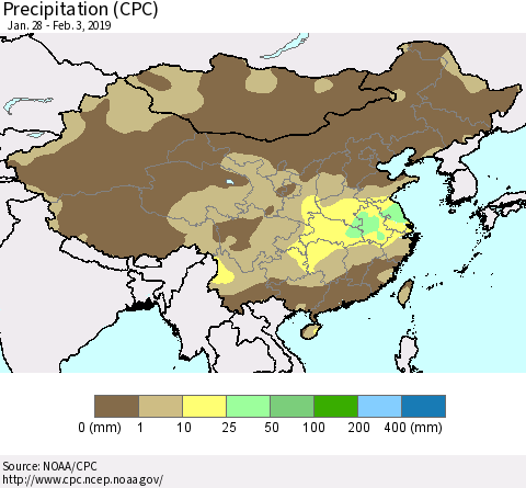 China, Mongolia and Taiwan Precipitation (CPC) Thematic Map For 1/28/2019 - 2/3/2019