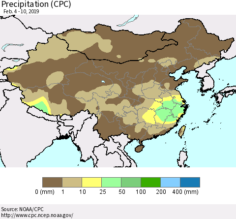 China, Mongolia and Taiwan Precipitation (CPC) Thematic Map For 2/4/2019 - 2/10/2019