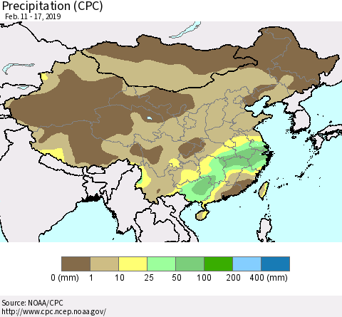 China, Mongolia and Taiwan Precipitation (CPC) Thematic Map For 2/11/2019 - 2/17/2019