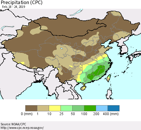 China, Mongolia and Taiwan Precipitation (CPC) Thematic Map For 2/18/2019 - 2/24/2019