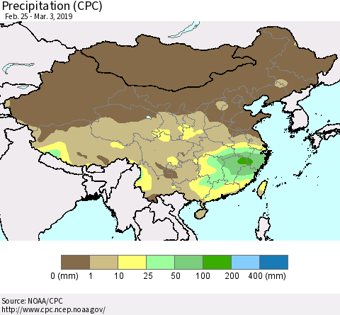 China, Mongolia and Taiwan Precipitation (CPC) Thematic Map For 2/25/2019 - 3/3/2019