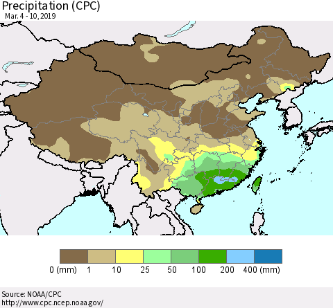 China, Mongolia and Taiwan Precipitation (CPC) Thematic Map For 3/4/2019 - 3/10/2019