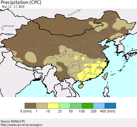 China and Taiwan Precipitation (CPC) Thematic Map For 3/11/2019 - 3/17/2019