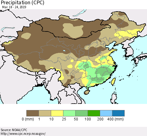 China and Taiwan Precipitation (CPC) Thematic Map For 3/18/2019 - 3/24/2019