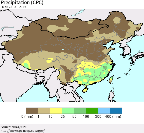 China, Mongolia and Taiwan Precipitation (CPC) Thematic Map For 3/25/2019 - 3/31/2019