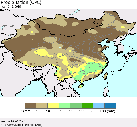 China and Taiwan Precipitation (CPC) Thematic Map For 4/1/2019 - 4/7/2019