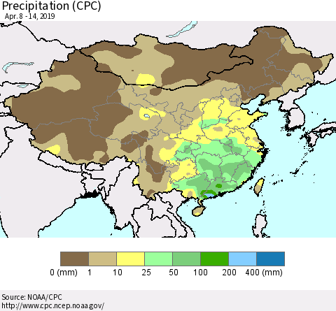 China and Taiwan Precipitation (CPC) Thematic Map For 4/8/2019 - 4/14/2019