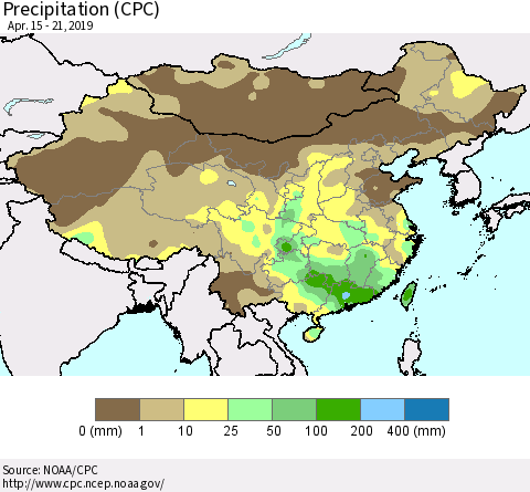 China and Taiwan Precipitation (CPC) Thematic Map For 4/15/2019 - 4/21/2019