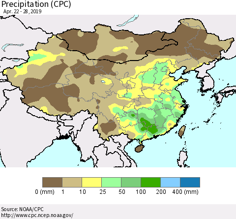 China and Taiwan Precipitation (CPC) Thematic Map For 4/22/2019 - 4/28/2019