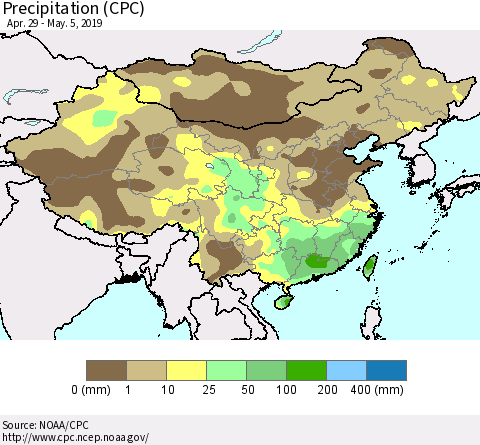China, Mongolia and Taiwan Precipitation (CPC) Thematic Map For 4/29/2019 - 5/5/2019