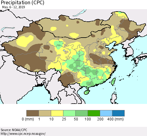 China, Mongolia and Taiwan Precipitation (CPC) Thematic Map For 5/6/2019 - 5/12/2019