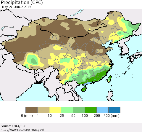 China and Taiwan Precipitation (CPC) Thematic Map For 5/27/2019 - 6/2/2019