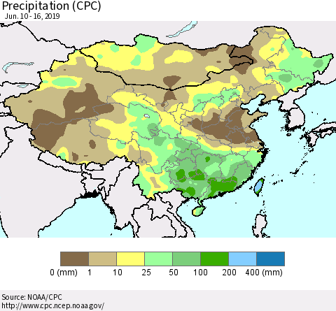 China and Taiwan Precipitation (CPC) Thematic Map For 6/10/2019 - 6/16/2019