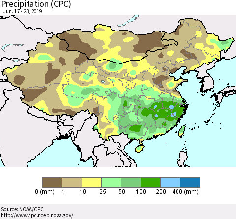 China, Mongolia and Taiwan Precipitation (CPC) Thematic Map For 6/17/2019 - 6/23/2019