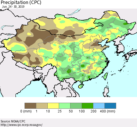 China and Taiwan Precipitation (CPC) Thematic Map For 6/24/2019 - 6/30/2019
