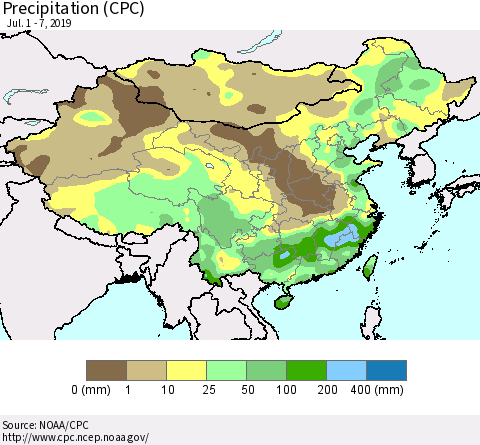 China and Taiwan Precipitation (CPC) Thematic Map For 7/1/2019 - 7/7/2019