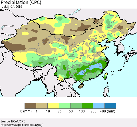 China and Taiwan Precipitation (CPC) Thematic Map For 7/8/2019 - 7/14/2019