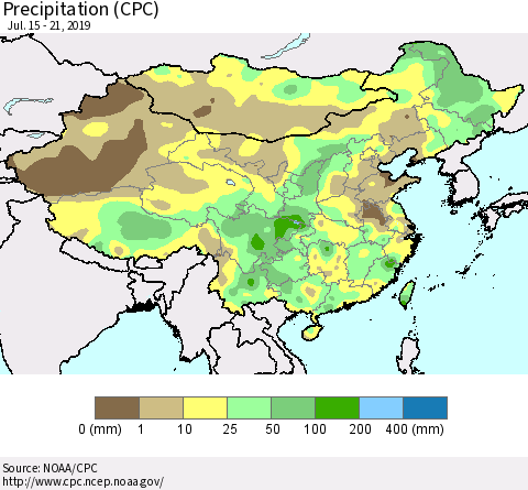 China, Mongolia and Taiwan Precipitation (CPC) Thematic Map For 7/15/2019 - 7/21/2019