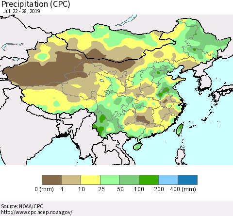 China and Taiwan Precipitation (CPC) Thematic Map For 7/22/2019 - 7/28/2019