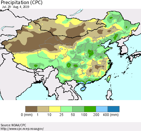 China, Mongolia and Taiwan Precipitation (CPC) Thematic Map For 7/29/2019 - 8/4/2019