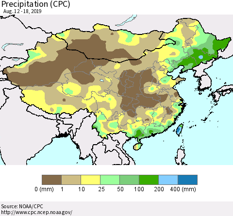 China and Taiwan Precipitation (CPC) Thematic Map For 8/12/2019 - 8/18/2019