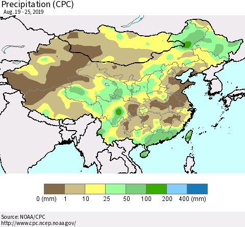 China and Taiwan Precipitation (CPC) Thematic Map For 8/19/2019 - 8/25/2019