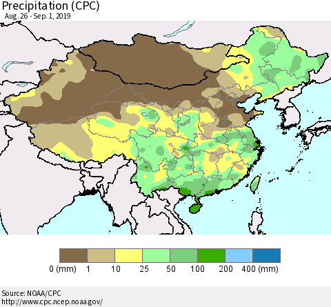 China and Taiwan Precipitation (CPC) Thematic Map For 8/26/2019 - 9/1/2019