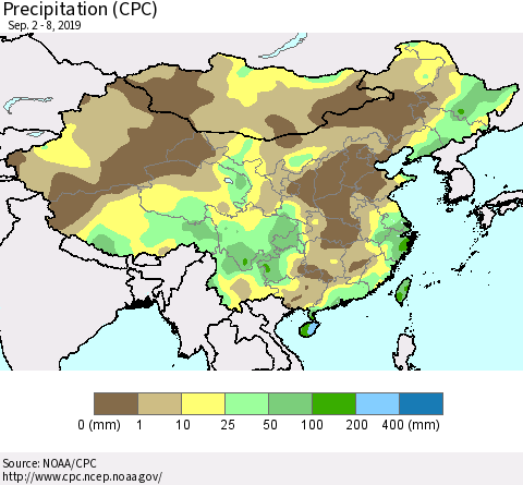 China and Taiwan Precipitation (CPC) Thematic Map For 9/2/2019 - 9/8/2019