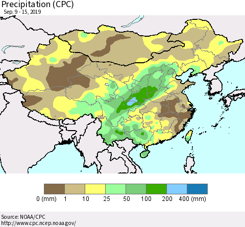 China, Mongolia and Taiwan Precipitation (CPC) Thematic Map For 9/9/2019 - 9/15/2019