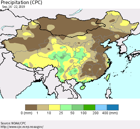 China, Mongolia and Taiwan Precipitation (CPC) Thematic Map For 9/16/2019 - 9/22/2019