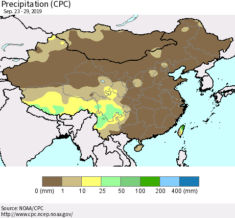 China and Taiwan Precipitation (CPC) Thematic Map For 9/23/2019 - 9/29/2019