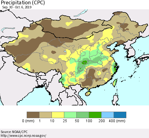 China and Taiwan Precipitation (CPC) Thematic Map For 9/30/2019 - 10/6/2019