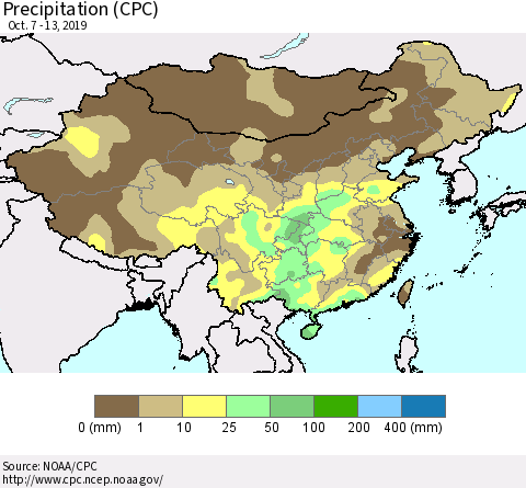 China and Taiwan Precipitation (CPC) Thematic Map For 10/7/2019 - 10/13/2019