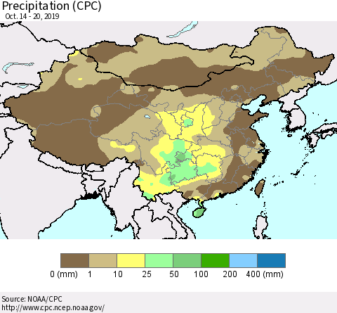 China and Taiwan Precipitation (CPC) Thematic Map For 10/14/2019 - 10/20/2019
