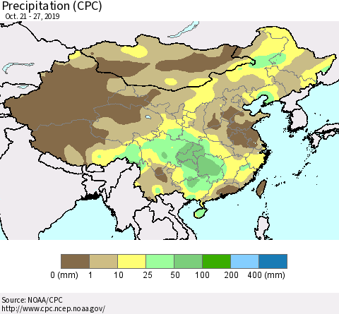 China and Taiwan Precipitation (CPC) Thematic Map For 10/21/2019 - 10/27/2019