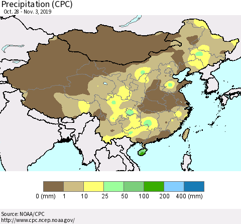 China, Mongolia and Taiwan Precipitation (CPC) Thematic Map For 10/28/2019 - 11/3/2019