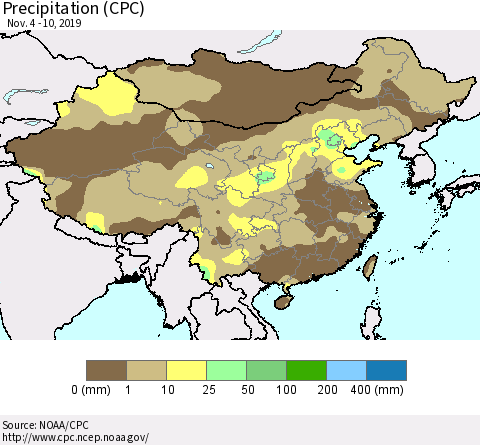 China, Mongolia and Taiwan Precipitation (CPC) Thematic Map For 11/4/2019 - 11/10/2019